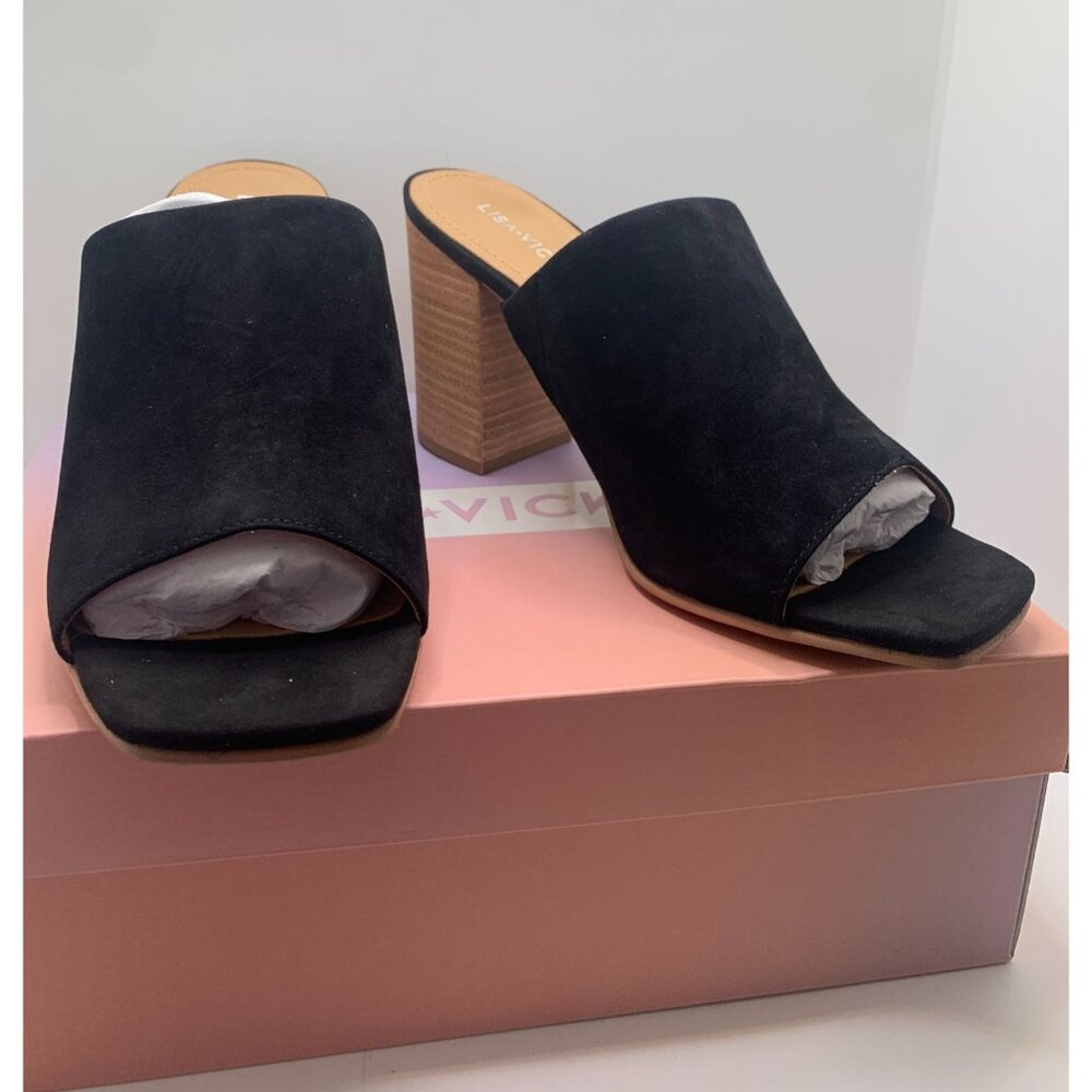 Lisa Vicky Black Suede Open Toe Block Heel Mules - Size 8 M